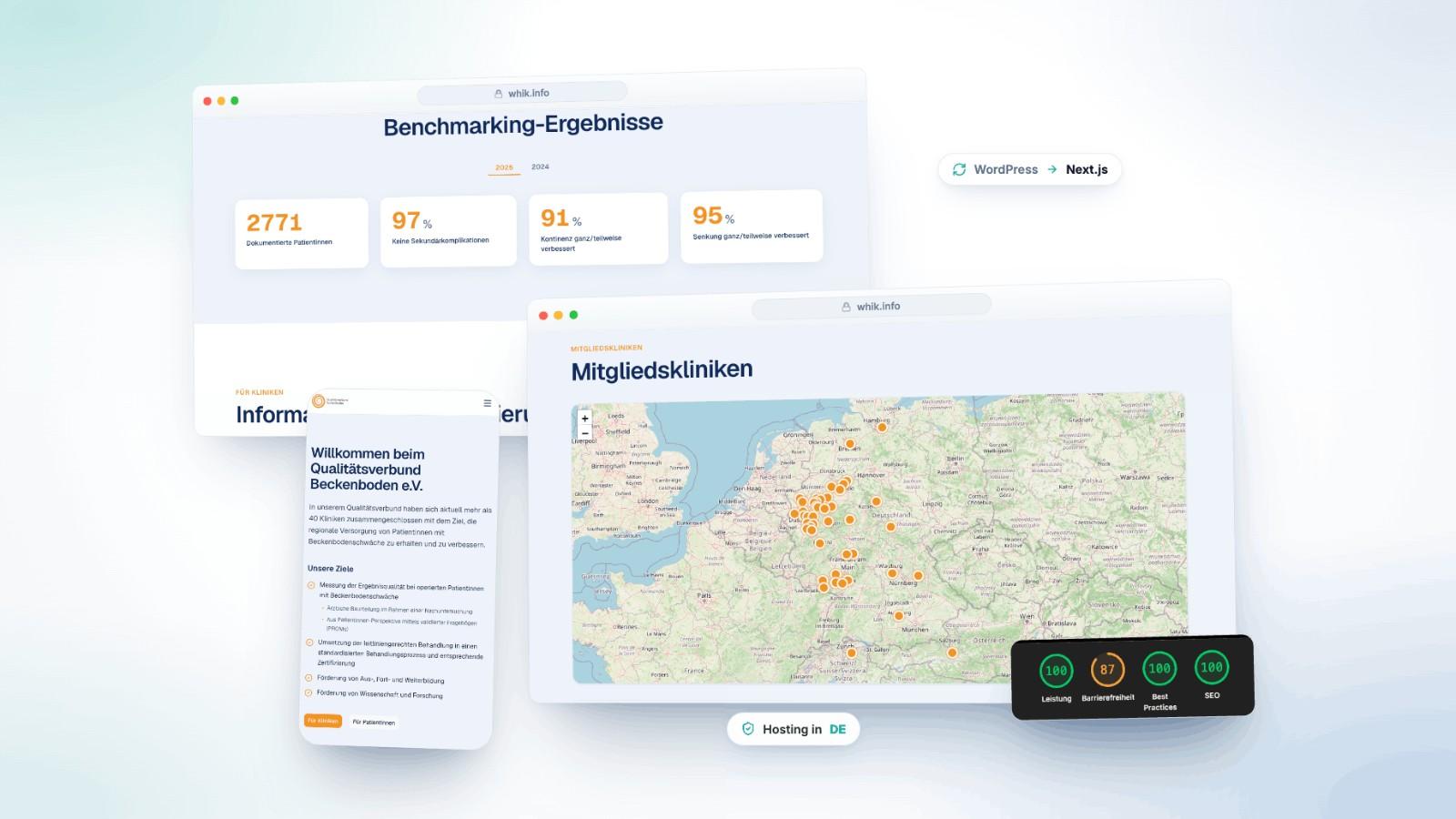 Screenshot der von 28minds umgesetzten Website whik.info mit Benchmarking-Dashboard und interaktiver Klinik-Karte