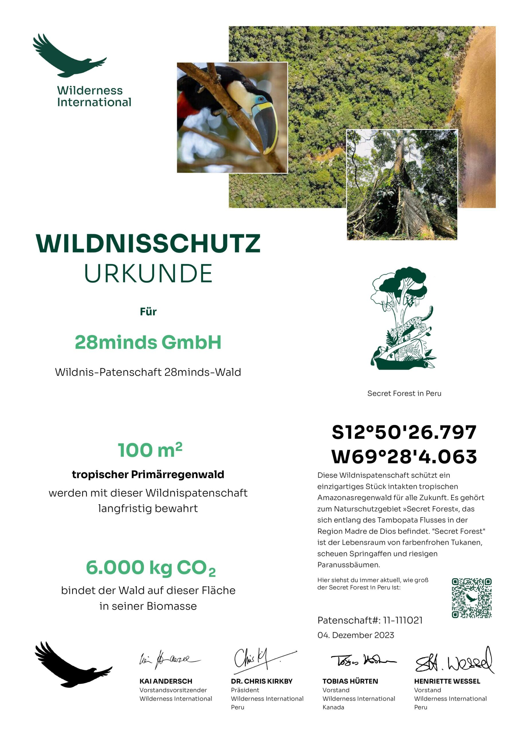 Urkunde Wilderness International 100qm Regenwald